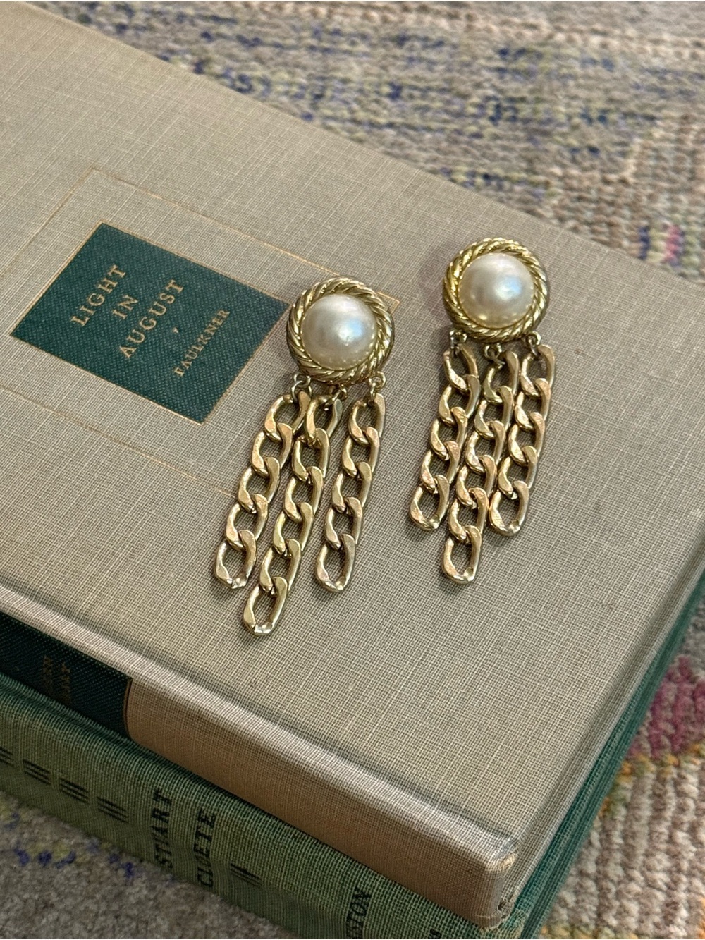 Vintage Gold Tone Faux Pearl Chain Tassel Statement Drop Earrings